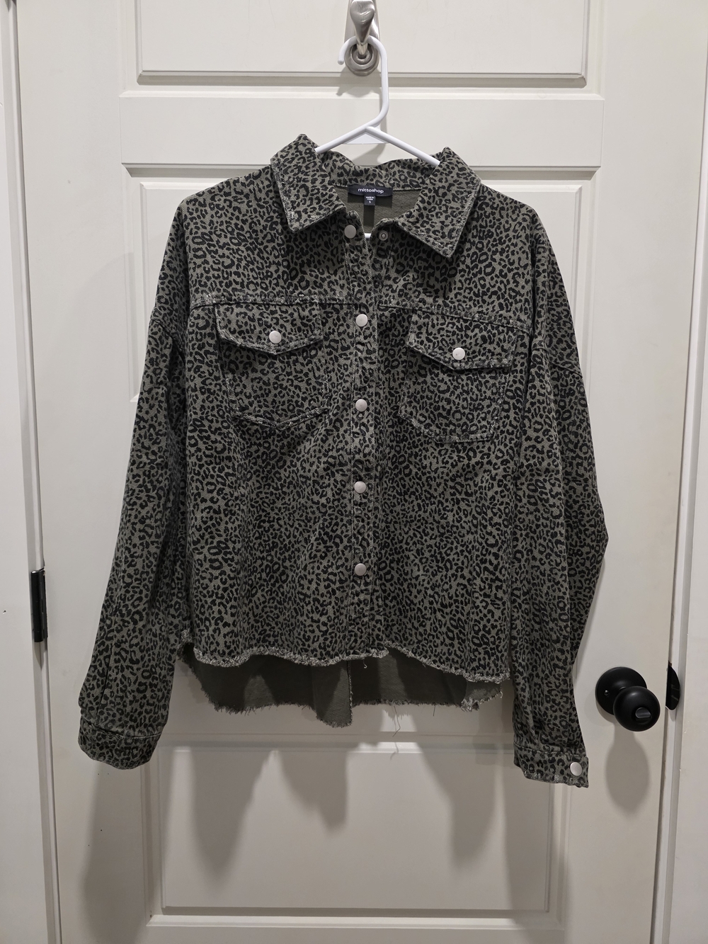 Boutique Olive Green Distressed Leopard Print Cropped Jean Jacket